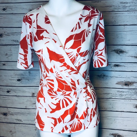 Ann Taylor Factory Tops - Ann Taylor White/Orange Tropical Print
